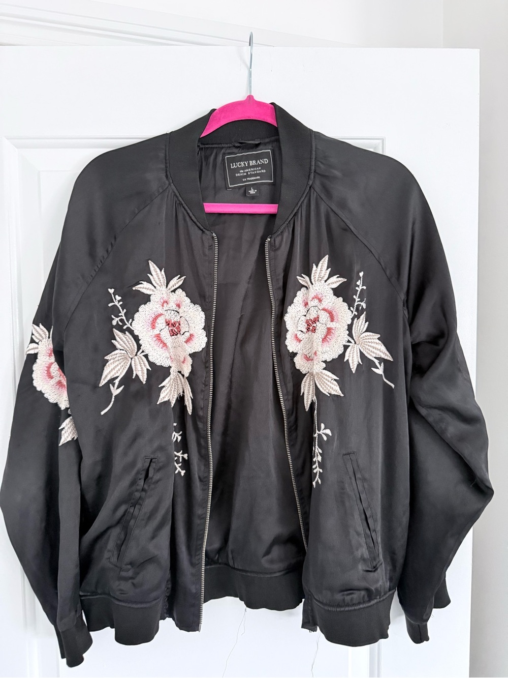 Lucky Brand Black Bomber Jacket with Pink & Cream Floral Embroidery